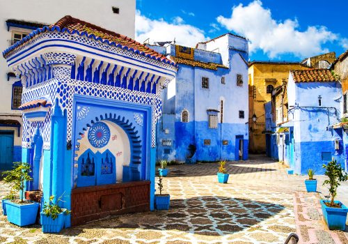 Beautiful view of the square in the blue city of Chefchaouen. Location: Chefchaouen, Morocco, Africa. Artistic picture. Beauty world